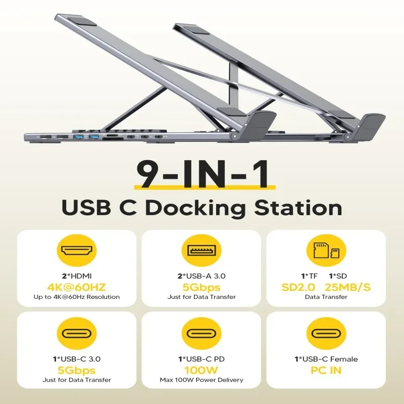 4K Dual-Screen Display 9-in-1 USB-C Hub Laptop Folding Bracket Docking Station for Enhanced Laptop Usability