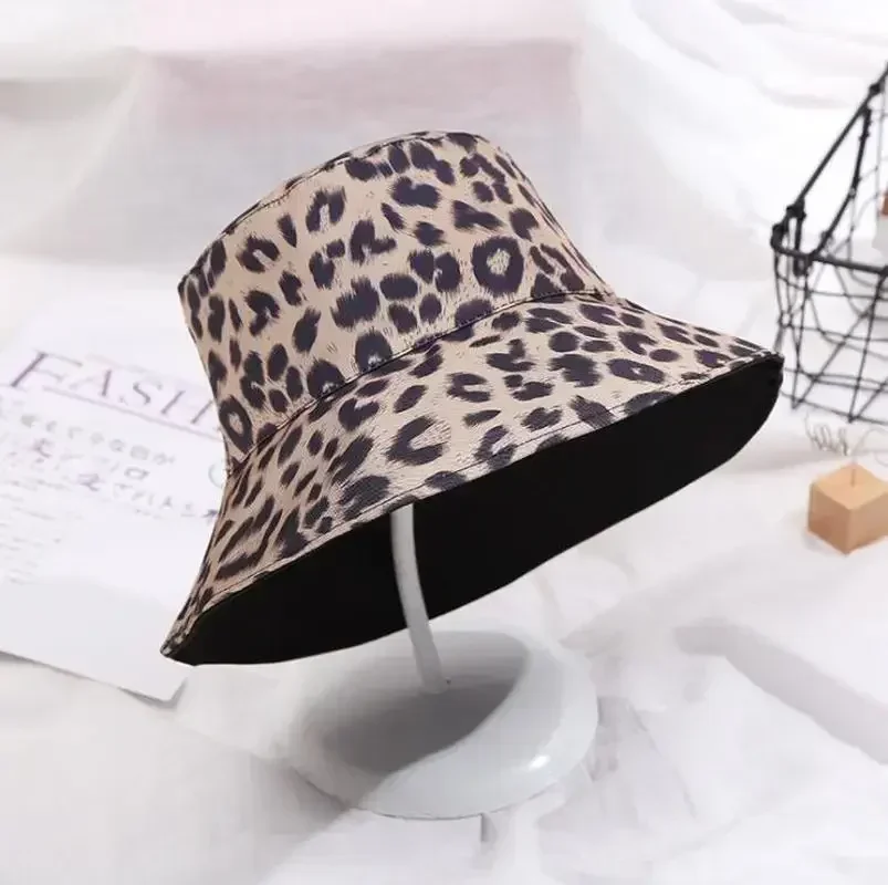 Summer Fashion Women\'s Leopard Reversible Bucket Hat Printed Panama Hip Hop Caps Outdoor Fishing Lady Sun Fisherman Hats