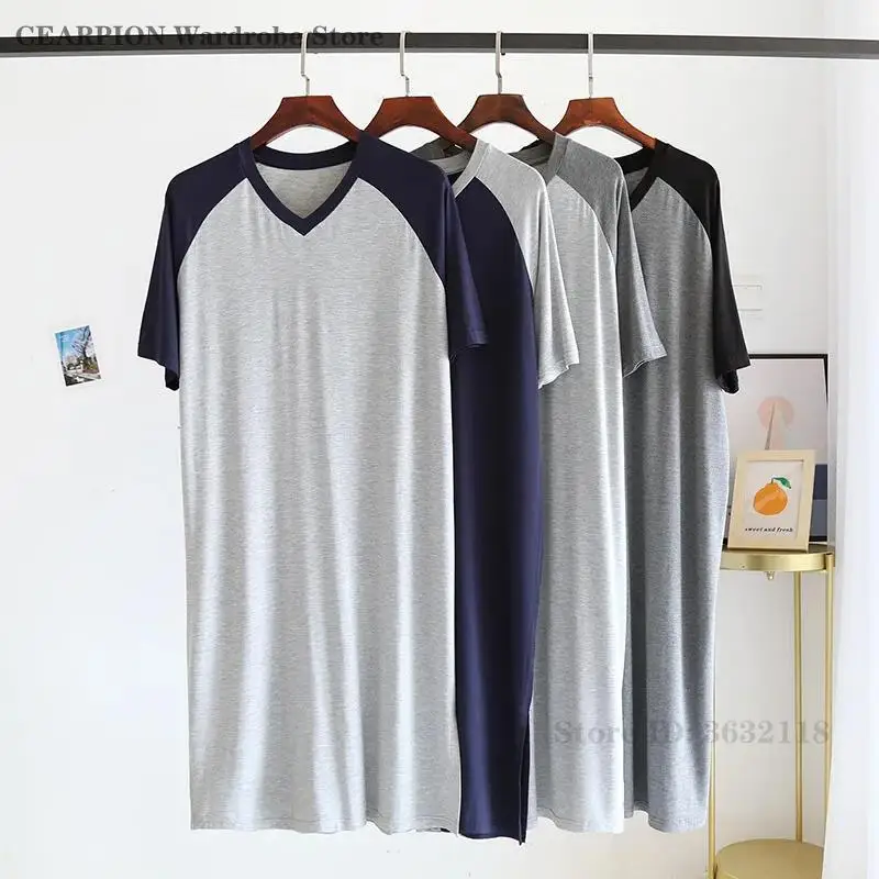 

Ночные рубашки для мужчин, летняя тонкая цельная одежда для сна из модала, домашняя одежда средней длины, ночная рубашка с v-образным вырезом, домашняя одежда, свободная повседневная ночная рубашка