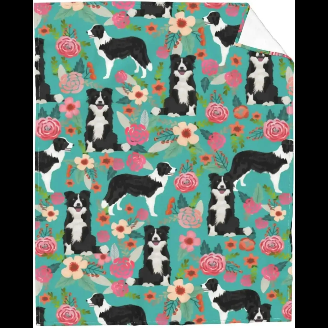 

Ультрамягкий, легкий и уютный плед с милым принтом бордер-колли, зеленых роз и цветочного узора для любителей собак, щенков и домашних животных, а также для дома.