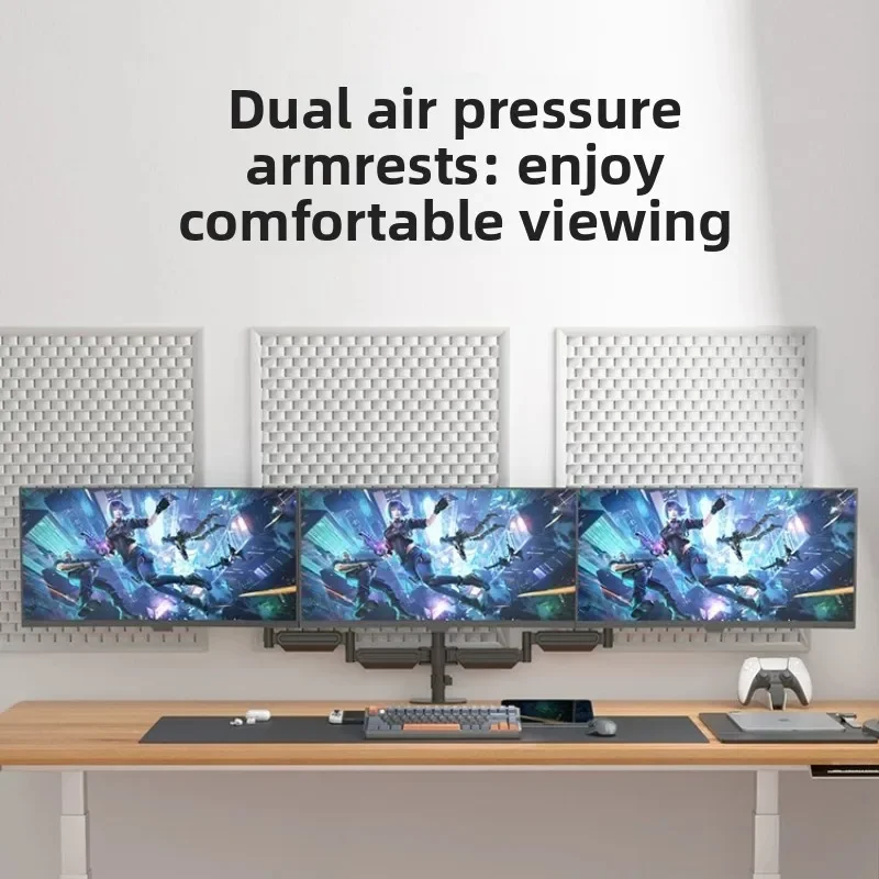 Pneumatic Triple Monitor Arm Rotatable Adjustable Heightened Base Desktop Screen Riser Support Office Workstation Accessories