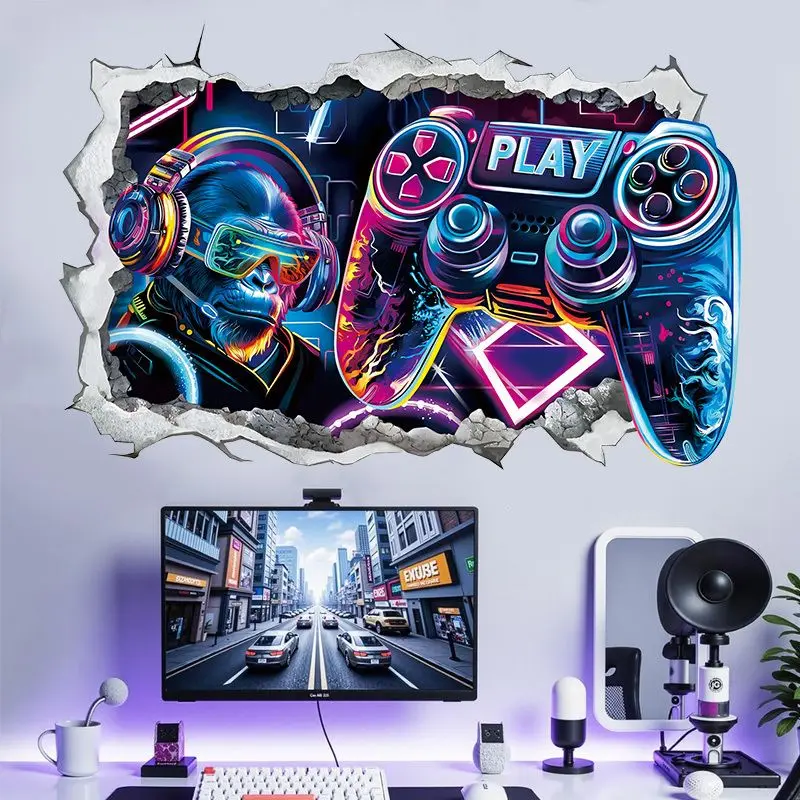 VIKAMA Cyber Gorilla Game Controller Wall Breaking Wall Stickers Self Adhesive Waterproof 2D Esports Room Wall Decoration
