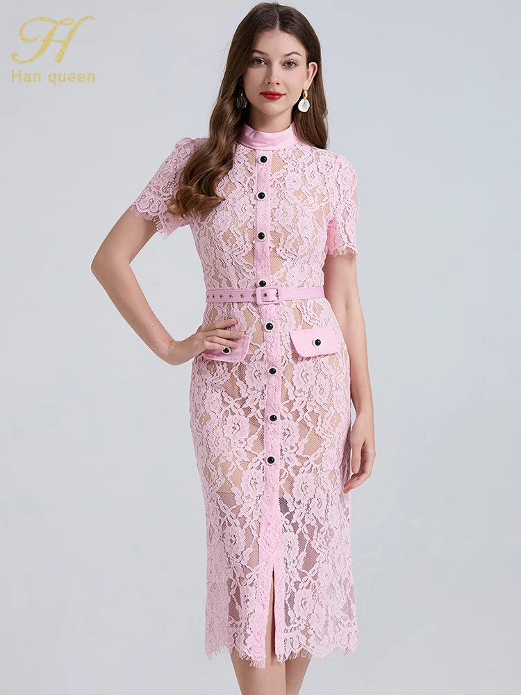 

H Han Queen, летнее кружевное платье-футляр, женское сексуальное платье, однобортное, простое, рабочее, повседневное, длинное, вечернее, вечернее платье