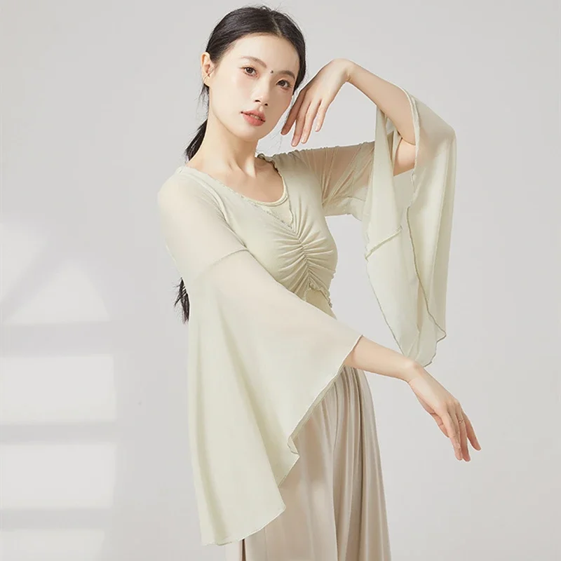 Classical Dance Top Women Flared Sleeve Shirt Spliced Mesh Training Performance Competition Costume Flowy Chinese Folk Dancewear