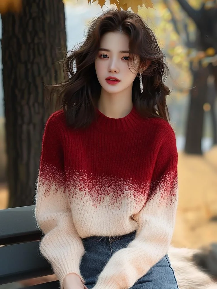 Oule Ankeila Gradient Red And Apricot round Neck Knitwear Women's Autumn Winter Unique Beautiful Top Loose Fit Long Sleeve Wo...
