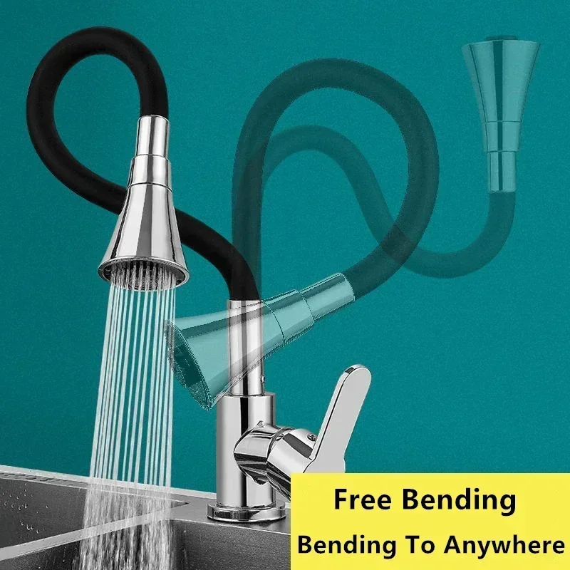 

360° Rotating Hot and Cold Water Mixer Tap Flexible Silicone Hose Kitchen Faucet Single Handle Bathroom Faucets Deck Mounted