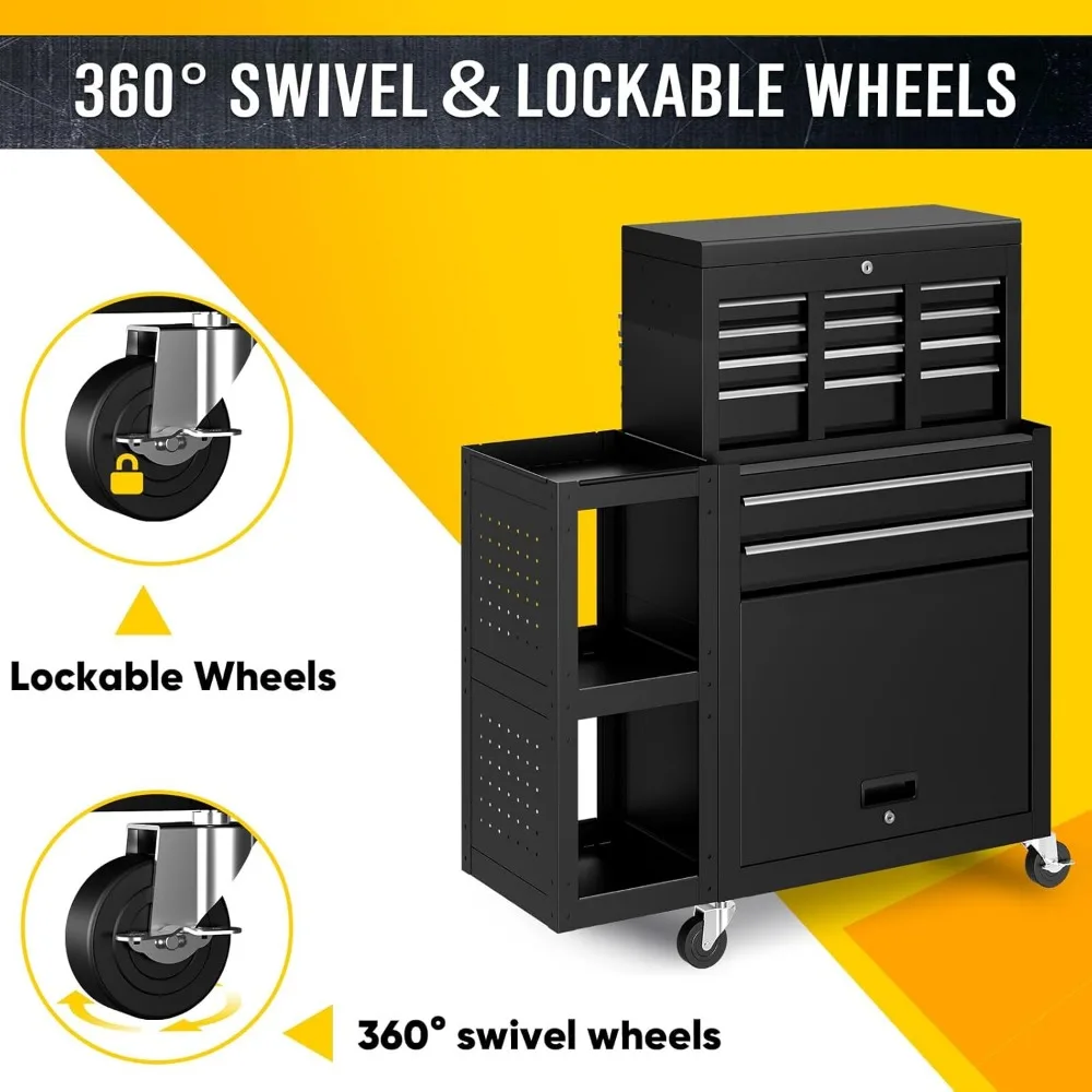 8-Drawer Rolling Tool Chest with Wheels, Exclusive 3-in-1 Tool Box Combo with Removable 2-Tire Utility Cart, Large Storage Cabin