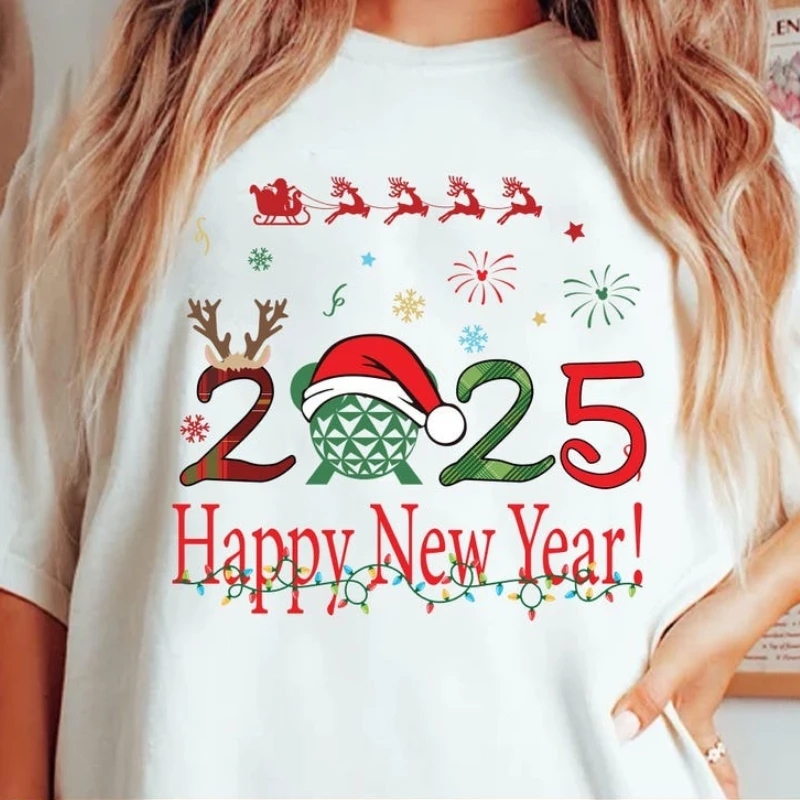 Happy Celebrate New Year 2026 Merry Christmas Disco Ball Family Vacation Png Santa Hat Party Holiday Shirt Unisex Short-sleev