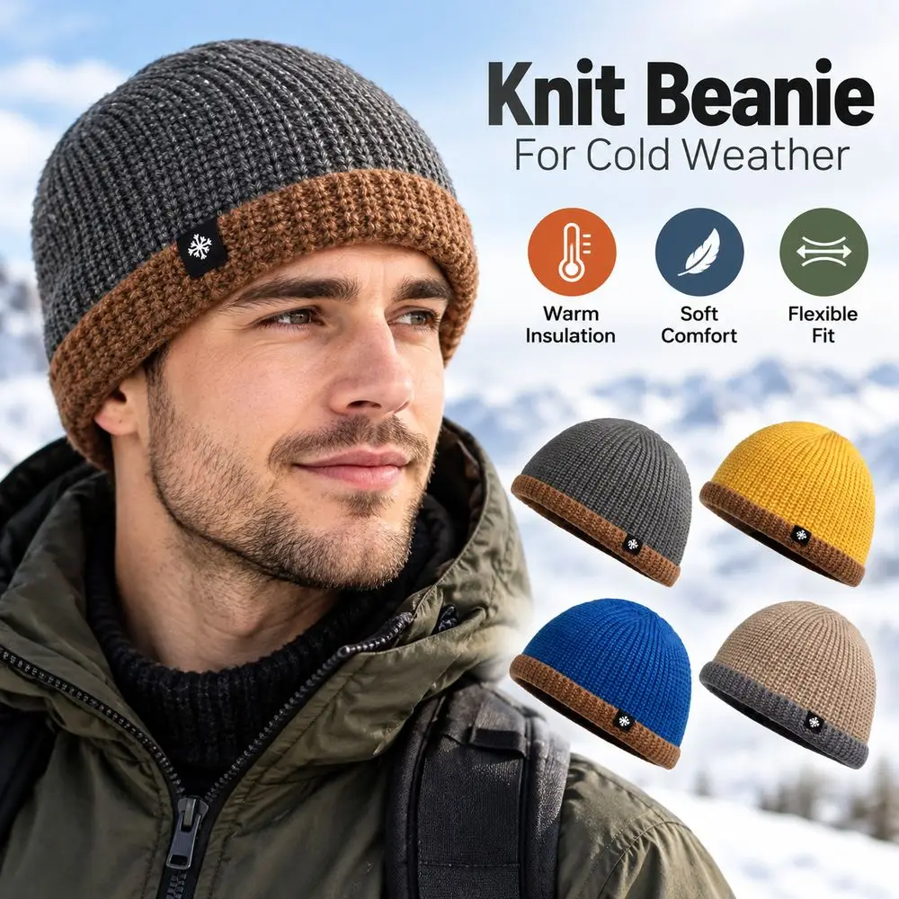 Durable Thickened Knitted Beanie Stretchy Fit Contrast Cuff Cuffed Beanie Wind Resistant Winter Skull Cap Winter Wear