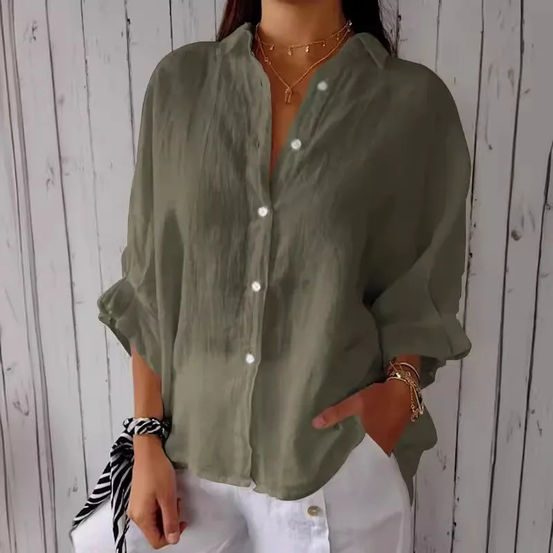 

Spring 2024 Trendy Ba-Tied Design Long Sve irt Loose Fit Korean Sle Button Detail Linen Material Bubble Sve Warmt...