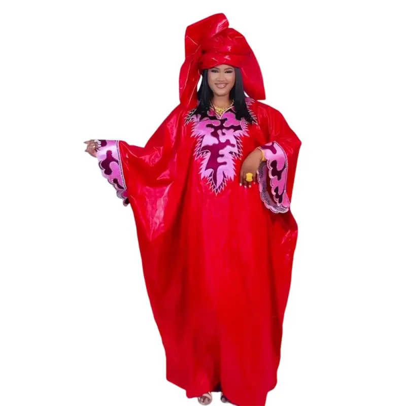 

2025 Plus Size African Clothes for Women African Dashiki Ankara Bazin Riche Design Red Wedding Party Dresses with headscarf