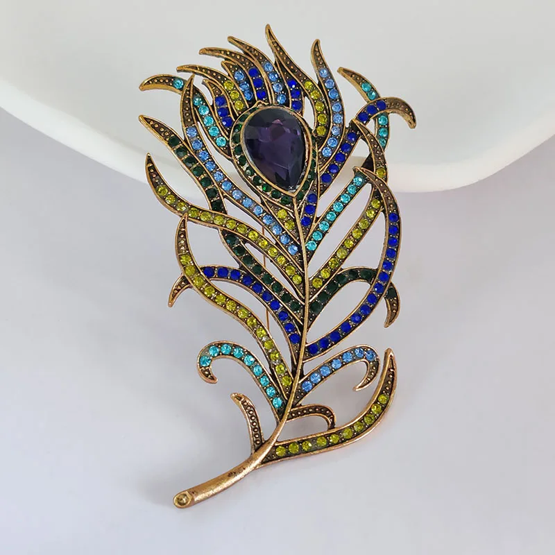 Luxury Rhinestone Peacock Feather Brooches For Women Men Exquisite Colorful Crystal Large Palm-leaf Fan Metal Pins Jewelry Gifts