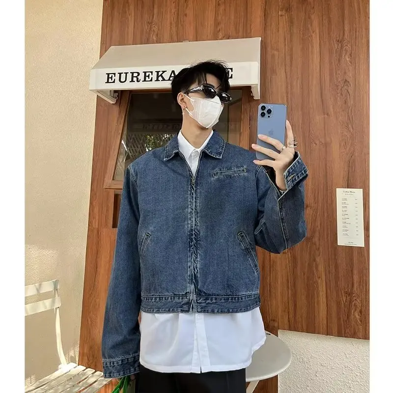 

Loose Fit Men's Denim Jaet Oversized American Retro Sle Turn-down Collar Casual Top for Autumn And Winter Youth Faion