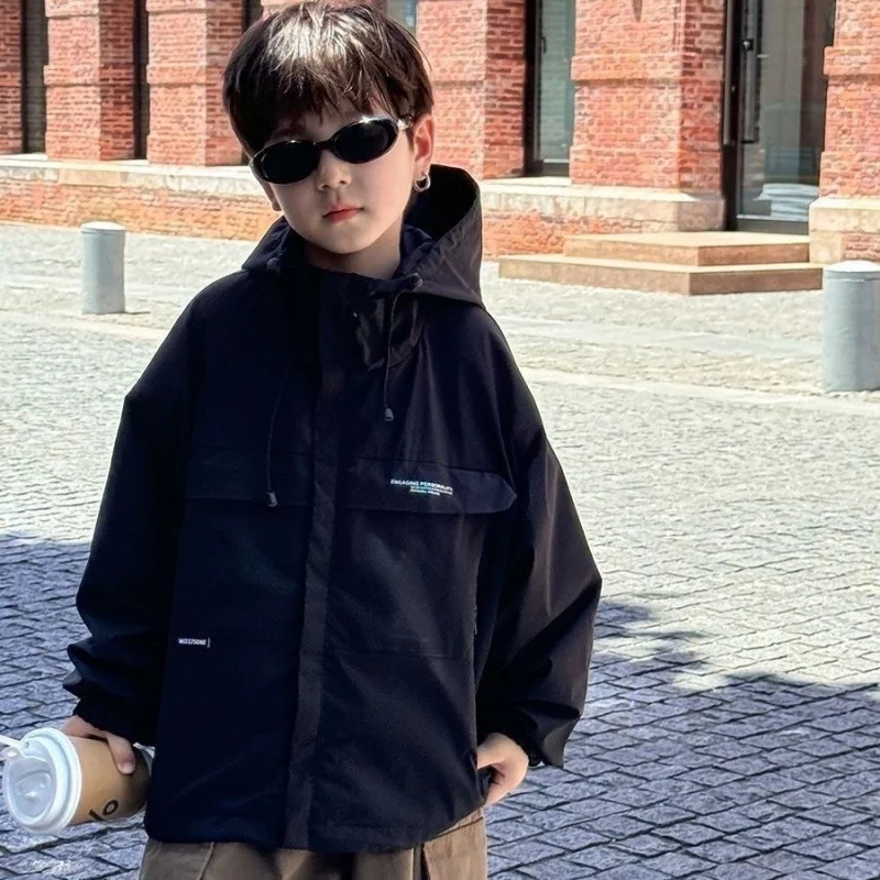 아동 코트 2025 봄 새 소년 한국어 버전 컬러 블록 후드 자켓 남여 스포츠 컬러 블록 탑 봄, 가을