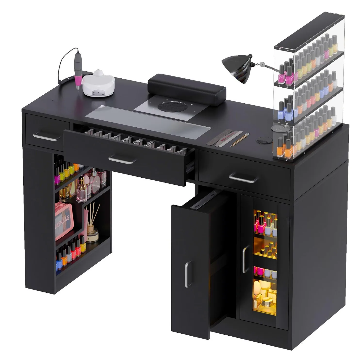 Manicure Table Nail Tech Desk w/Glass Top Drawer, Nail Tech Table w/Movable Shelves, Dust Collector, Wireless Charging
