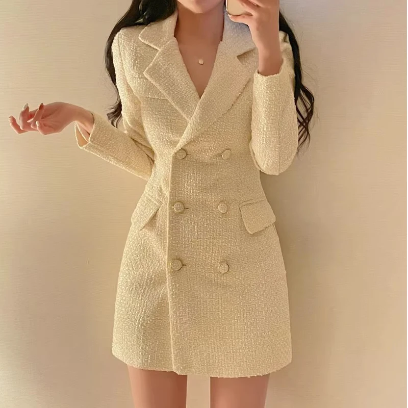 Notched Botton Tweed Dress Mini Party Vintage Elegant Black Korean Club Vestido Curto Autumn 2024 Winter Slim Jacket Sukienka