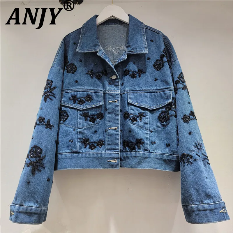 

ANJY 202, осенне-зимняя новая женская модная элегантная джинсовая куртка с цветочным принтом, модное универсальное шикарное короткое пальто High Street A12932
