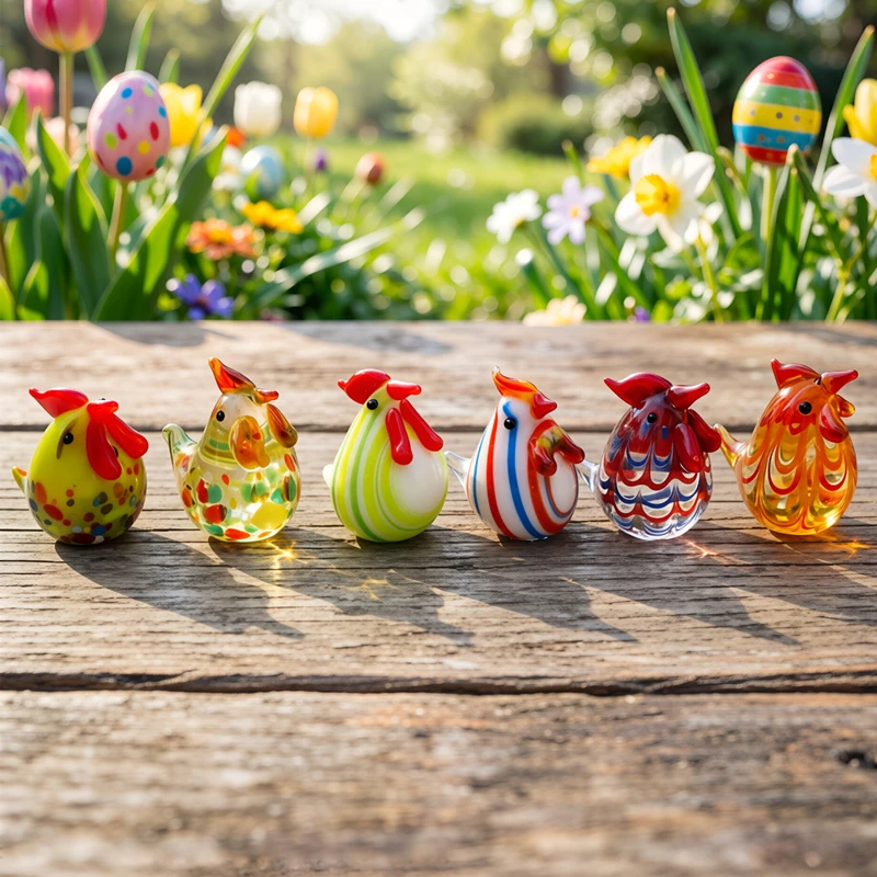 6pcs Custom Colorful Miniature Glass Chicken Ornament Animal Figurine Hand Blown Home Decor Multicolor Christmas New Year Gifts