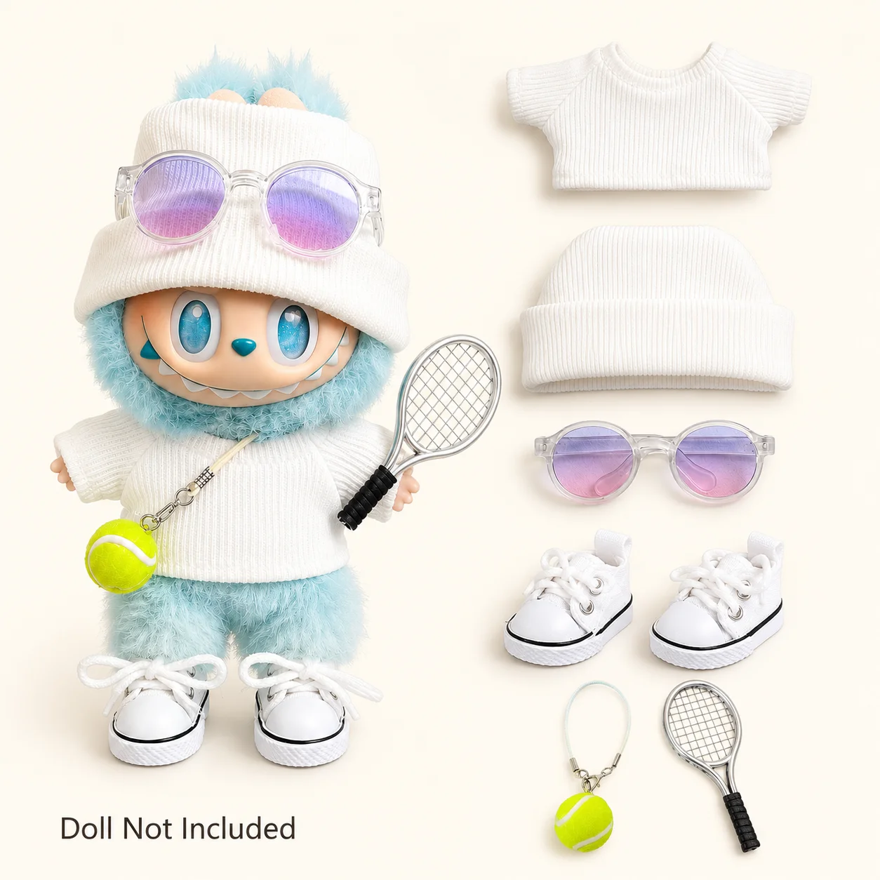 Mini-Puppenkleidung, Outfit-Zubehör für 15–17 cm Labubu V1 V2 V3, Labubu-Strickset, Oberteile und Mütze, kann mit Sonnenbrille kombiniert werden
