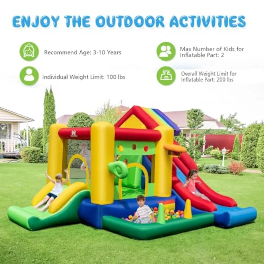 Inflatable Bounce House w/Blower, Indoor & Outdoor Bouncy Castle w/ 2 Slides, Ball Pit, Jumping Playhouse Inflatable Bouncer for