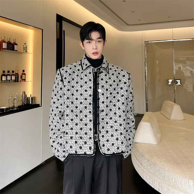 

Men's Casual Cheered Plaid Patterned Knitwear Jaet Spring Autumn Seasonal Turn-down Collar Thiened Woolen Polka Dot Print