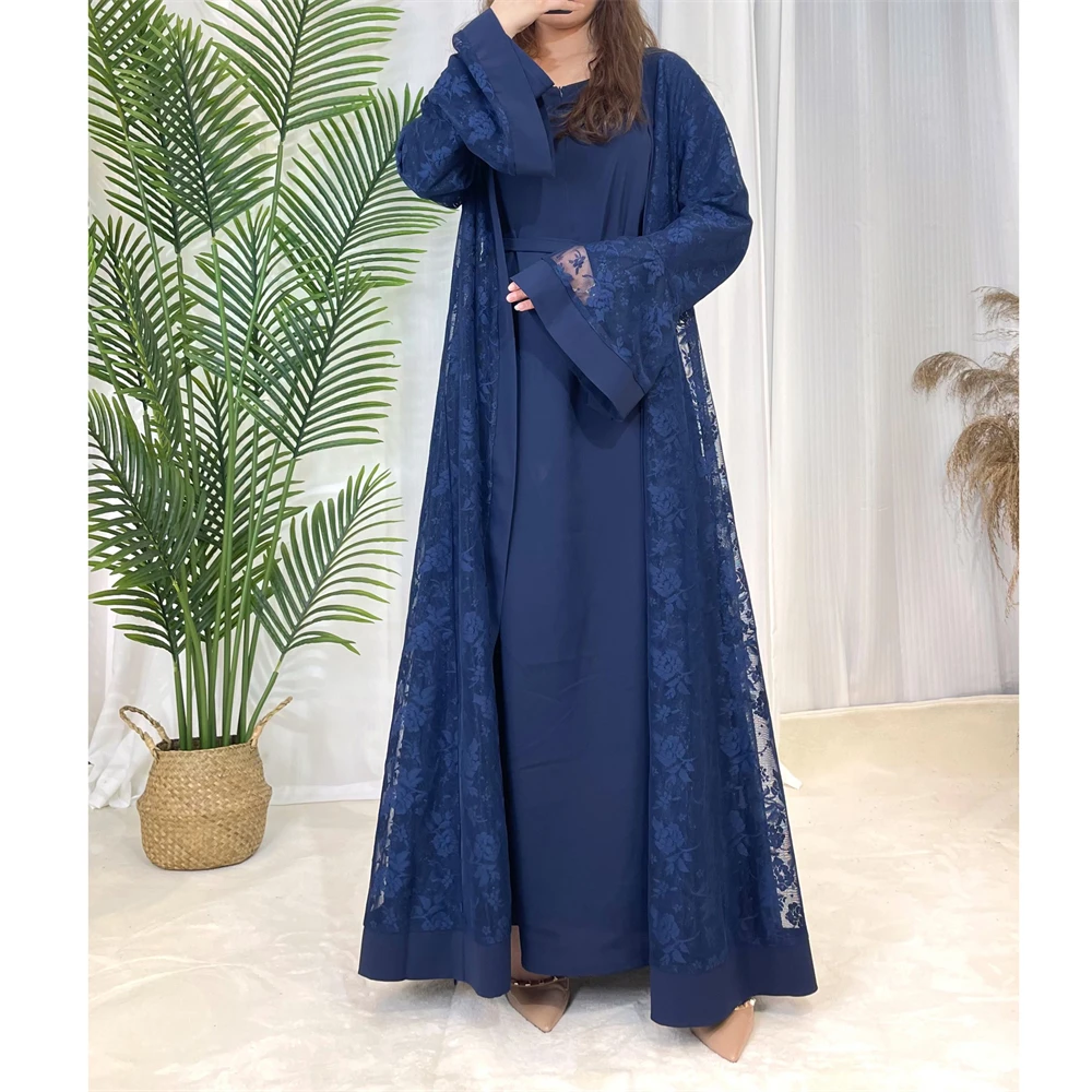 Fashion 2 Pieces Muslim Women Open Abaya Kimono Long Maxi Dress Set Turkey Arab Islamic Robe Dubai Femme Kaftan Eid Party Caftan