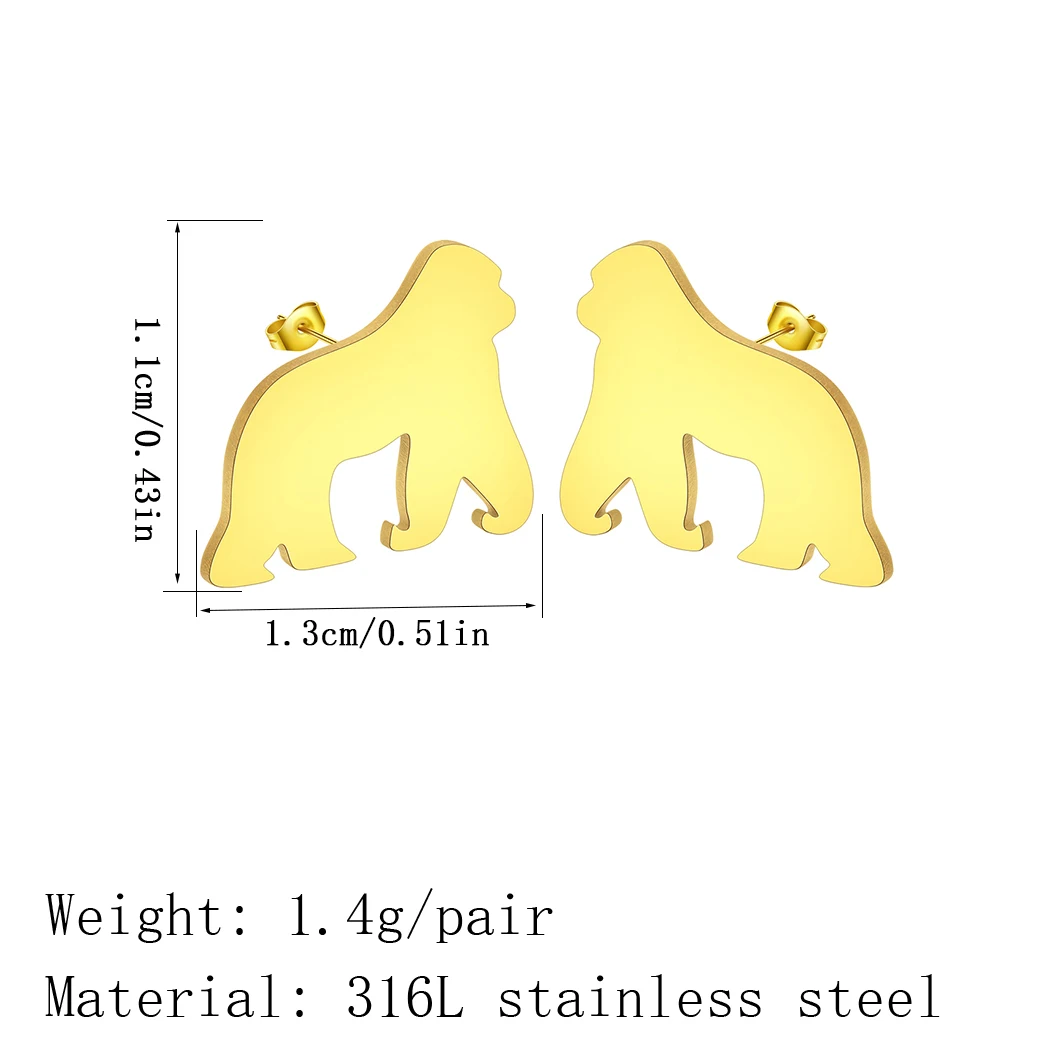 Kinitial Nature Inspired Animal Gorilla Earrings Women Stainless Steel Cartoon Jewelry Lovely Stud Earrings Kids Gift