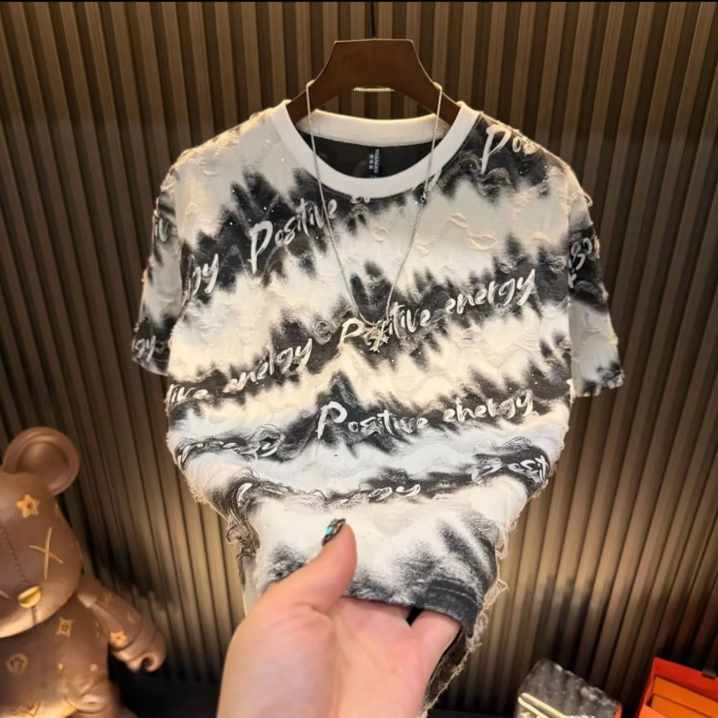 Original European and American Street Summer Trendy Hole Breaking Short Sleeve T-shirt for Men, Loose Street Dance Hip Hop Brand