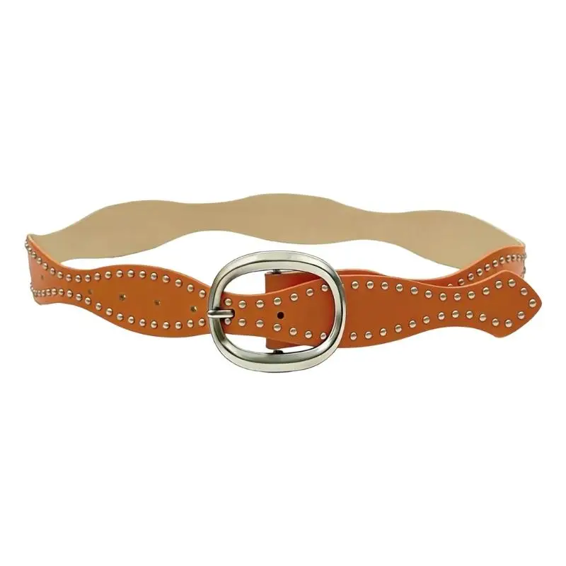 

A52E Retro Charm Double Rivets Wavy Pattern Belt Lightweight PU Leather Strap