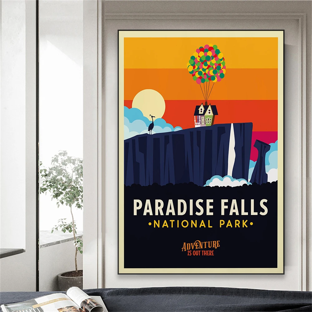 Paradise Falls Travel Poster Disney UP Classical Movie Prints Bedroom Wall Art Up Balloon House Canvas Painting Home Room Decor