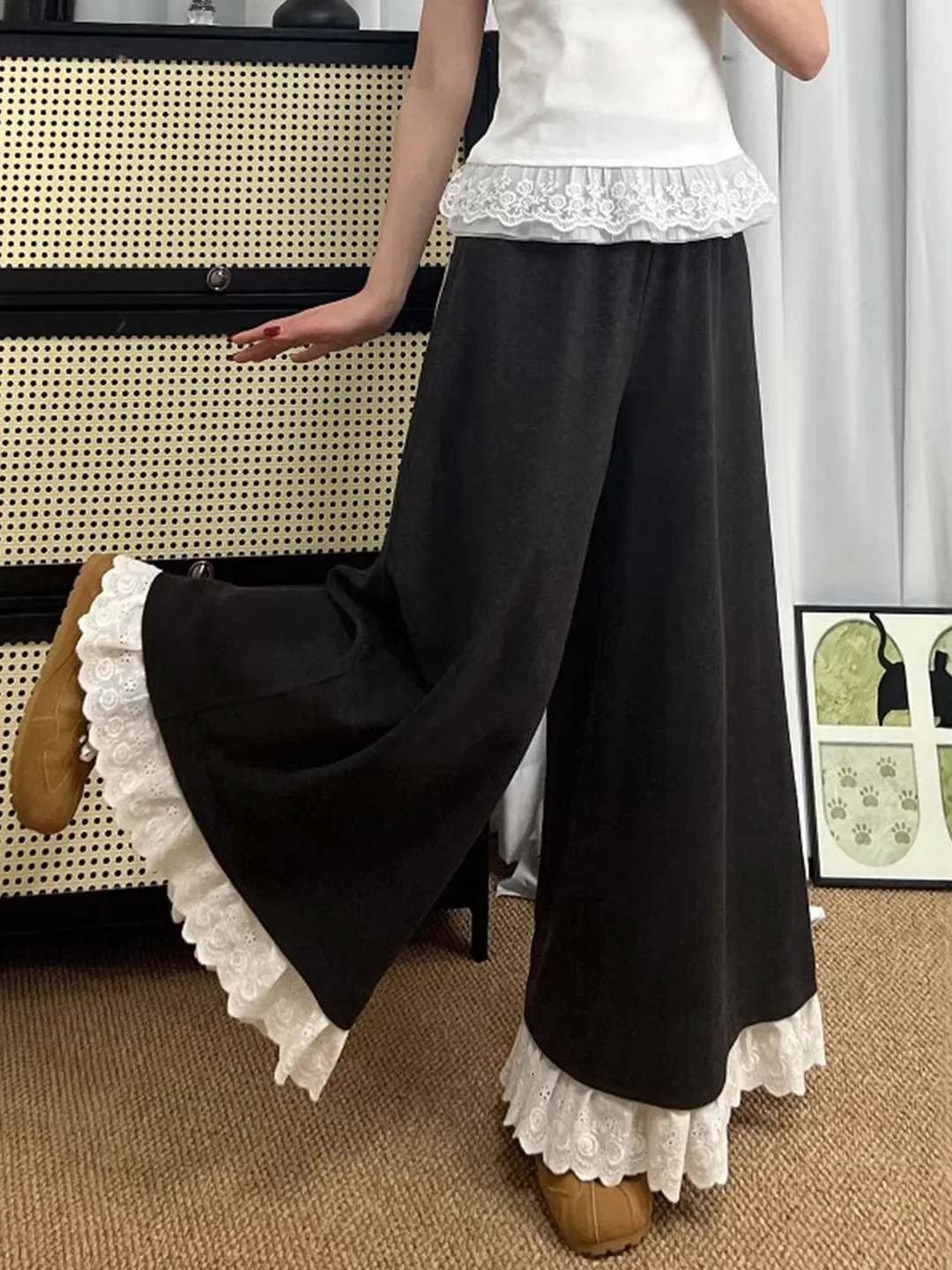 

Женские широкие брюки Bla с кружевной отделкой, весенние, на резинке, повседневные, удобные, гибкие, прямого кроя