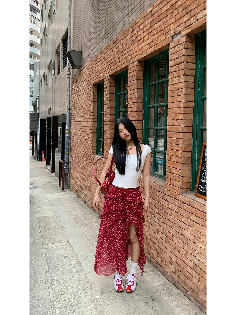 

Красная юбка трапециевидной формы, женская осенняя новинка Sle Ultra кино, длинная юбка, нерегулярная юбка в горошек, красная юбка Fem