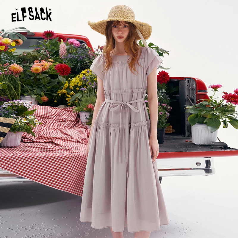 

ELFSACK Women's Round Neck Short Sleeve Maxi Dress, Tiered Ruffle Waist Belted A-Line Long Dress, Casual Loose Fit Summer Dress