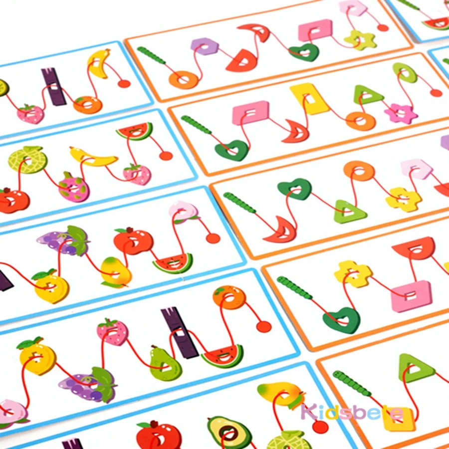 Kleinkind Montessori doppelseitige Obst Farbe Form Anerkennung Spiel Schnürung Threading Spielzeug Mit Karten Frühe Pädagogische Party Geschenk