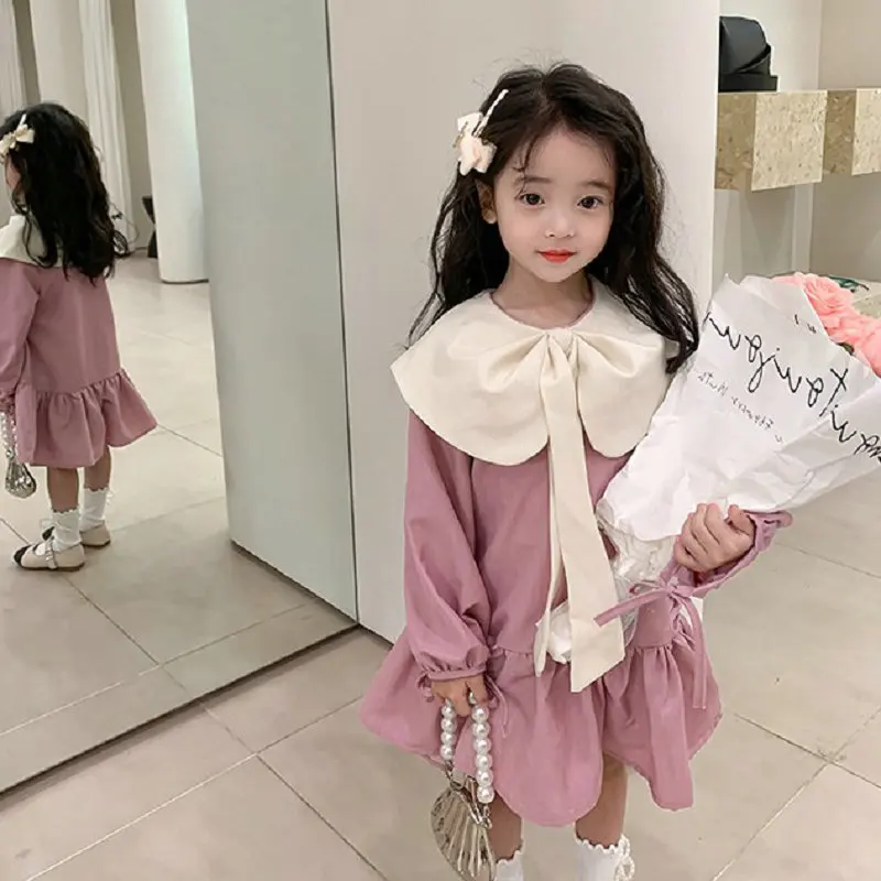 Girls' Dresses long ribbon small fresh flower bud Dress princess Dress 2023 spring and autumn new baby kids long-sleeved Clothes