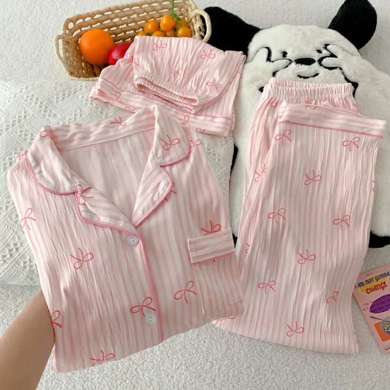 Korean-Style Vintage Bow High-End Textured Fabric Pajamas for Women, Summer Casual Home Wear, Short-Sleeve Three-Piece Set