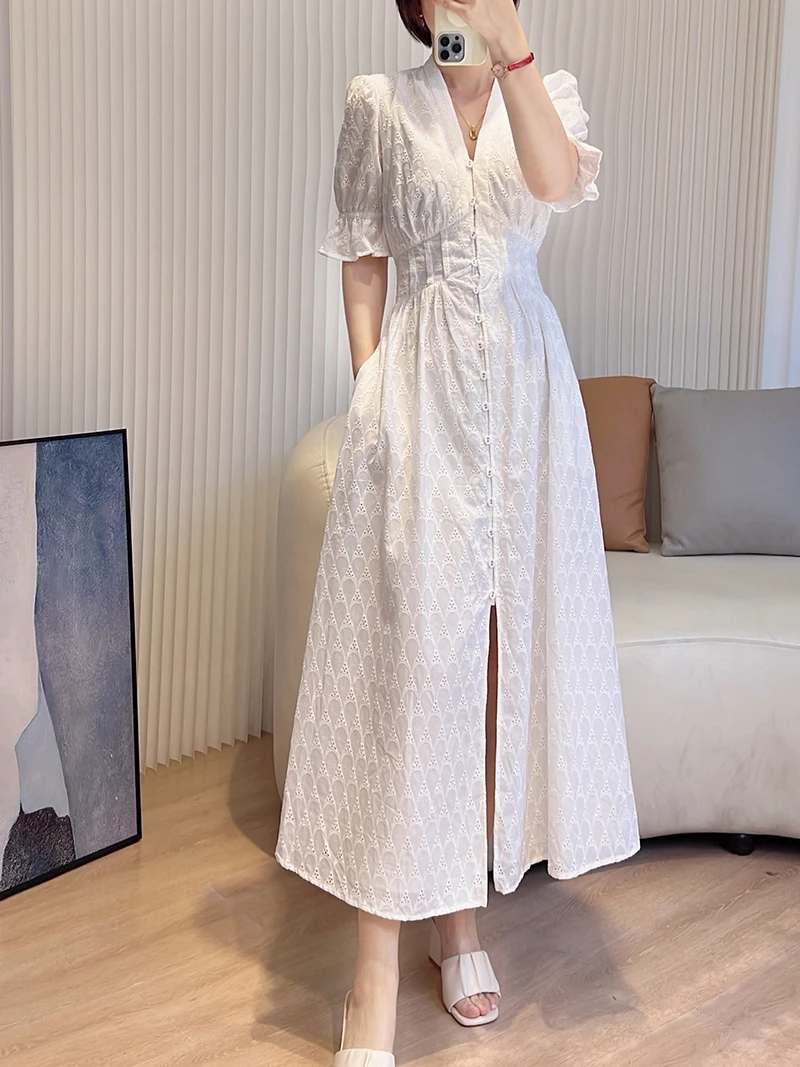 

Ele White Moonlight Spring Summer Fairy Tea Break Dr Embroidered Slimming Waist Cotton Dr ort Sve V-ne