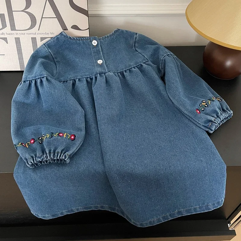 Children's Korean Version New Princess Dress Women's Spring and Autumn Treasure Embroidered Denim Dress Trendy Dress