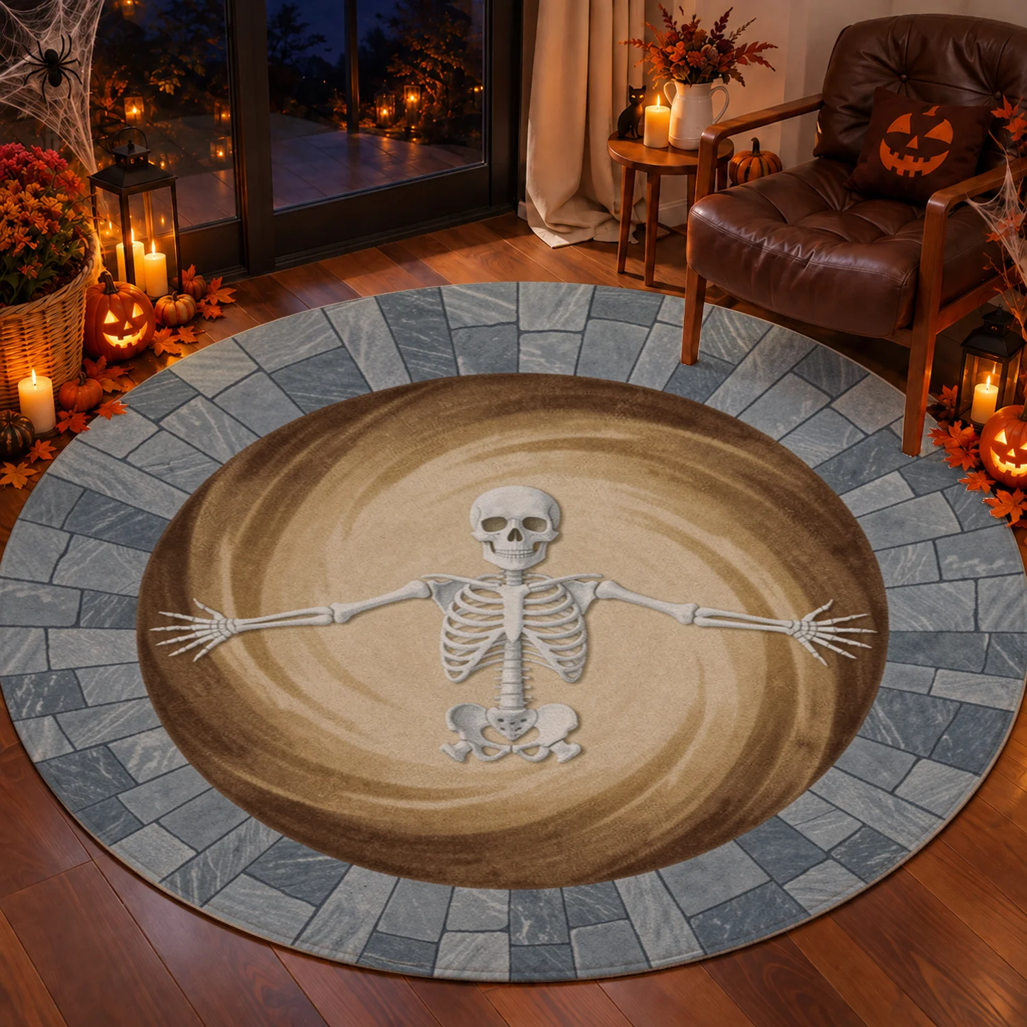 Skeleton Pattern Round Velvet Rug Machine Washable for Living Room Bedroom Entryway Dining Room Halloween Thanksgiving Christmas New Year
