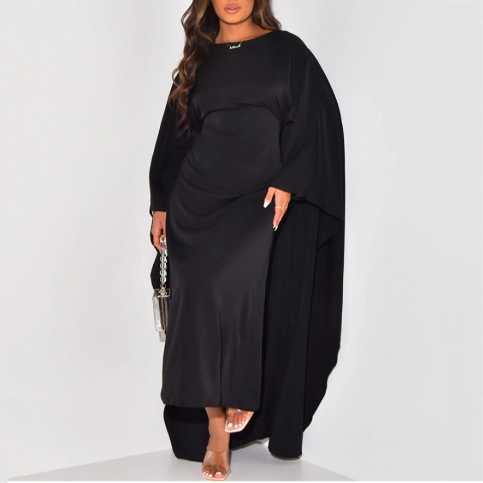 

Spring Fashion Satin Party Dress Robe Abaya Muslim Women Elegant Solid Round Neck Bat Sleeves Loose Maxi Dress Women