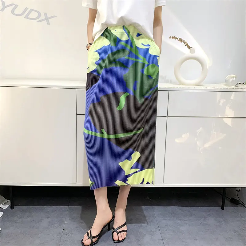 

YUDX Miyake High Waist Pleated Fitted Half Skirt Straight Print Side Split Skirt 2023 Summer New Women's Blue Skirt A-line Skirt