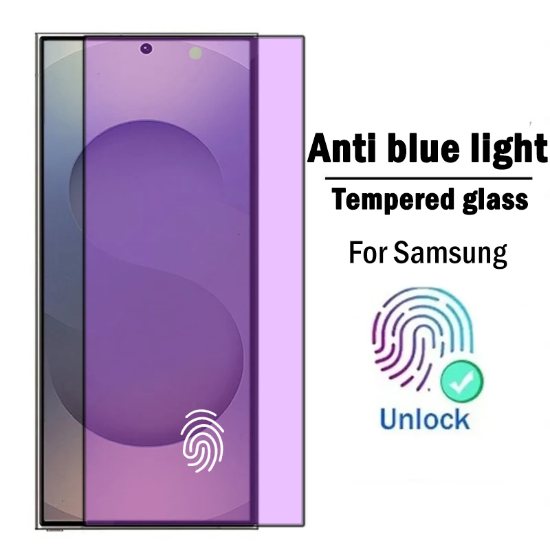 

Full Cover Anti Blue Light Tempered Glass For Samsung Galaxy S25 Ultra S24 S23 S22 S21 Plus Fingerprint Unlock Screen Protector
