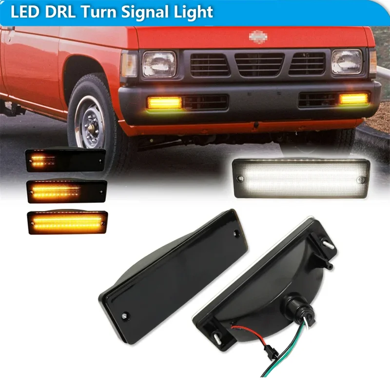 

For Nissan D21 Hardbody pickup 1988-1997 & Pathfinder 1988-1995 Dynamic Amber LED Front Bumper Turn Signal Lights w/ White DRL