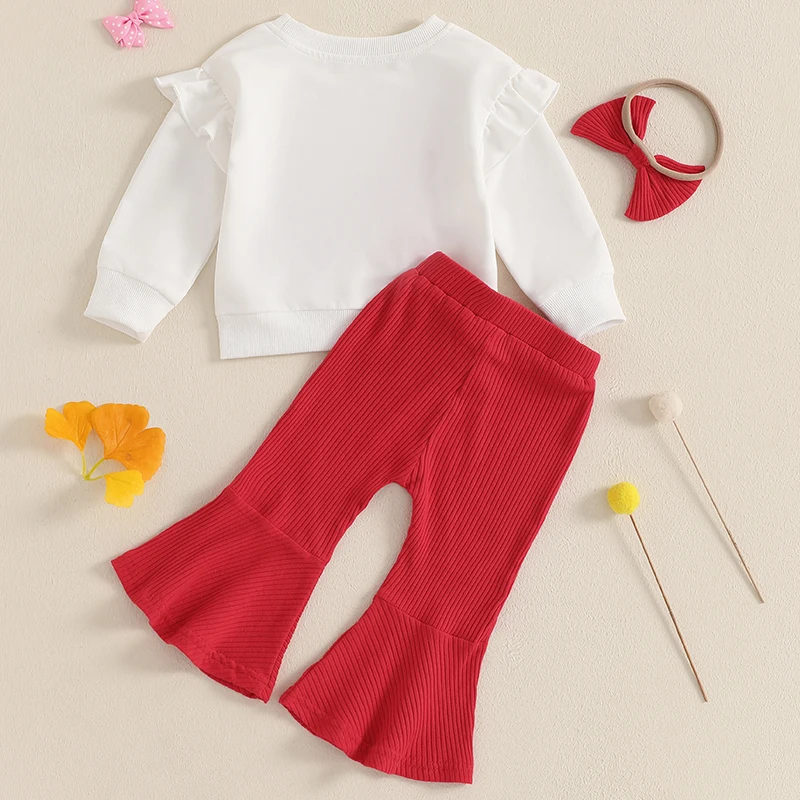 Baby Girls Cute Outfits Bow Embroidery Ruffles Long Sleeve Sweatshirt and Flared Pants Headband Set 3 Piece Clothes