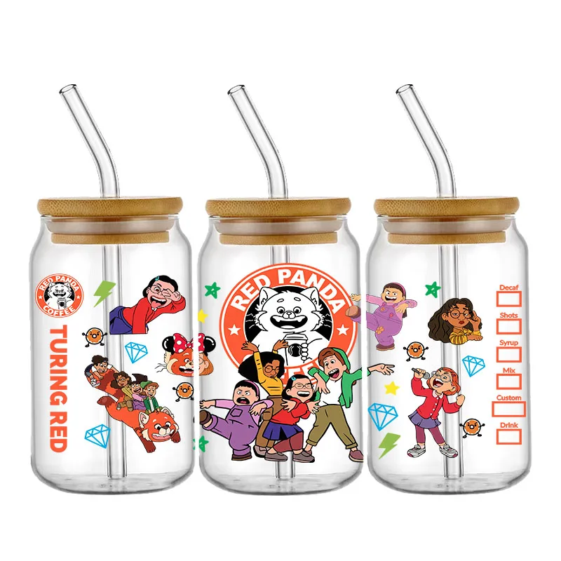 Autocollants de transfert de gobelet à bière, Disney Turning Red, 16oz UV DTF Cup Round, Cartoon étiez bey, Imperméable, Adhésif en continu