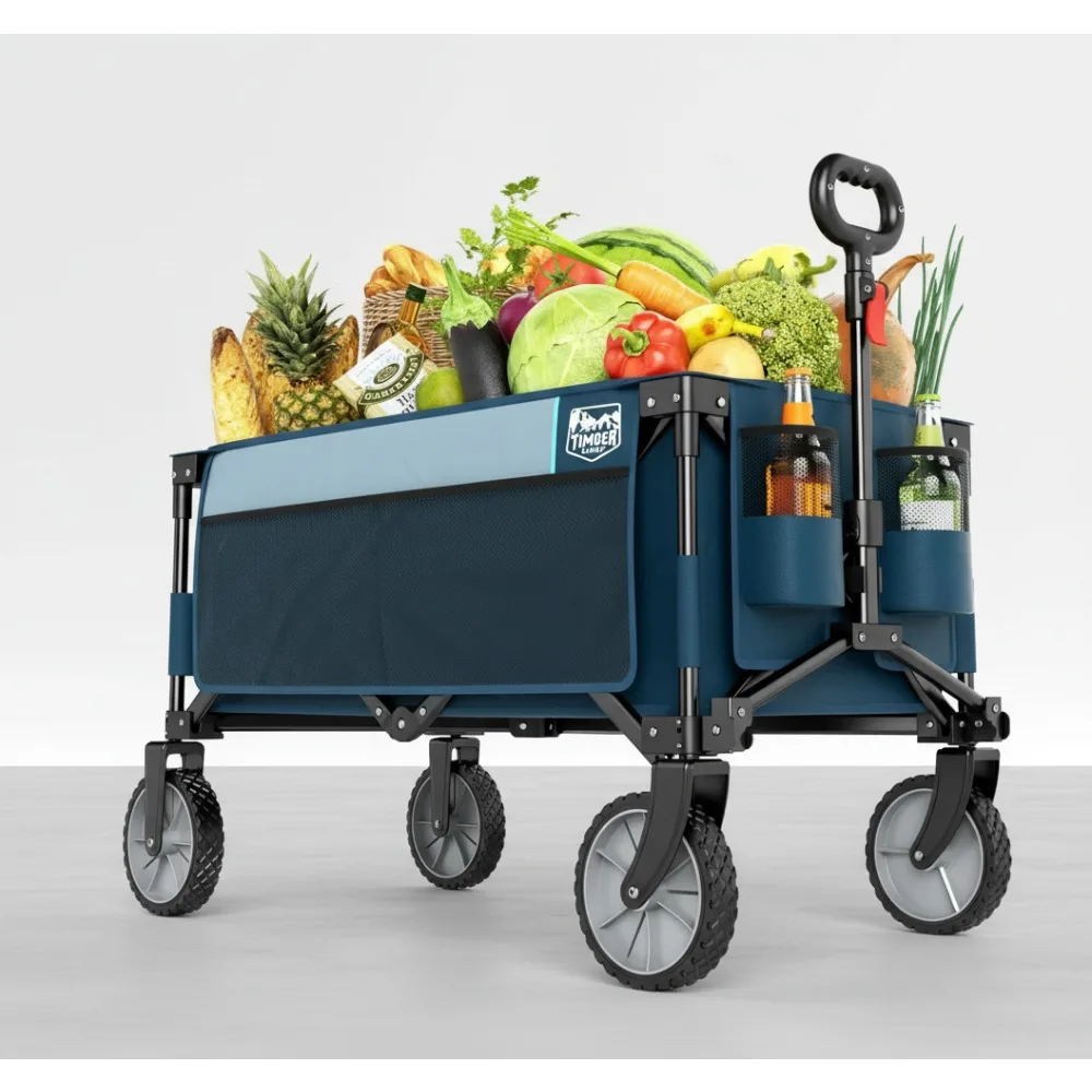

Heavy Duty Folding Wagon Cart with Side Bag & Cup Holder - Large Capacity Outdoor Camping Garden Utility Cart