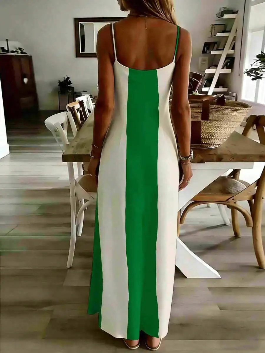 

Green And White Striped Spaghetti Strap Backless Maxi Dress For Women Summer Casual Long Dress