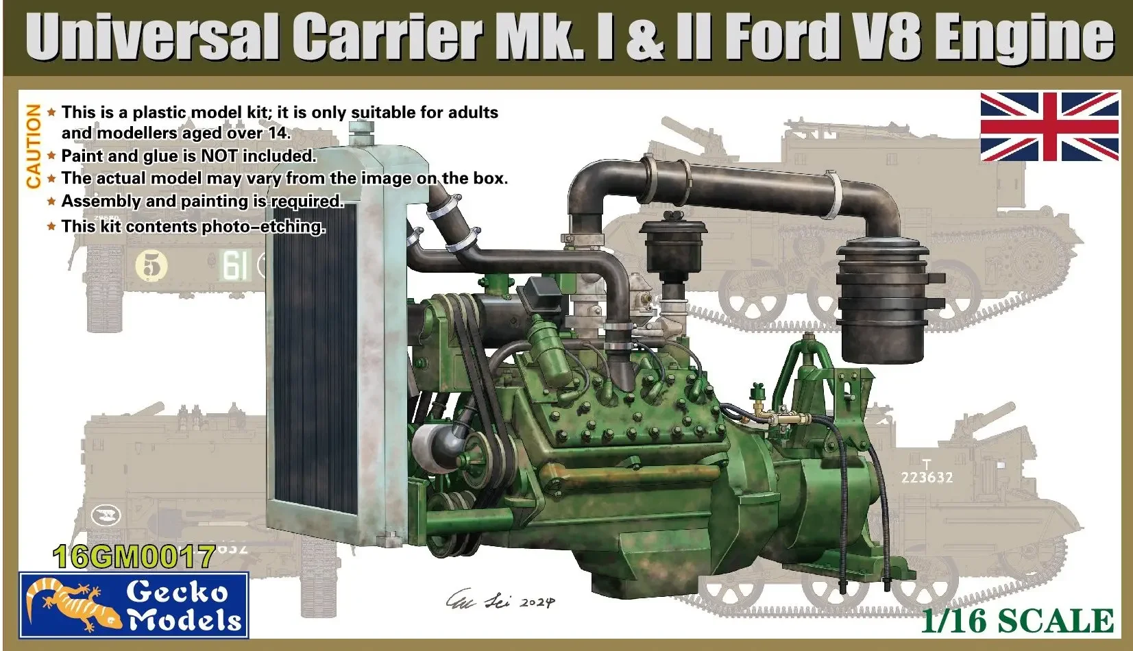 Zestaw modelu montażowego Gecko 16GM0017 Silnik Ford V8 do Universal Carrier Mk. I & II 1/16