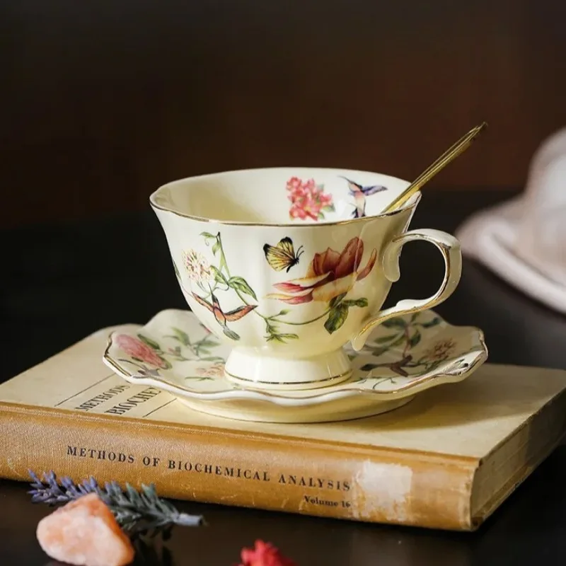 Bone China Tassen-Set mit Blumen- und Vogelmuster, handbemalte Keramik-Tee- und Kaffeetasse, Milchbecher, Heimdekoration, Geschenk