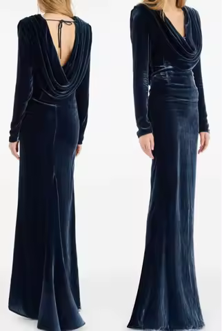 Customized Long Sleeve Velvet Evening Dresses Mermaid Pleated Zipper Muslim Watteau Train Party Dress for Women